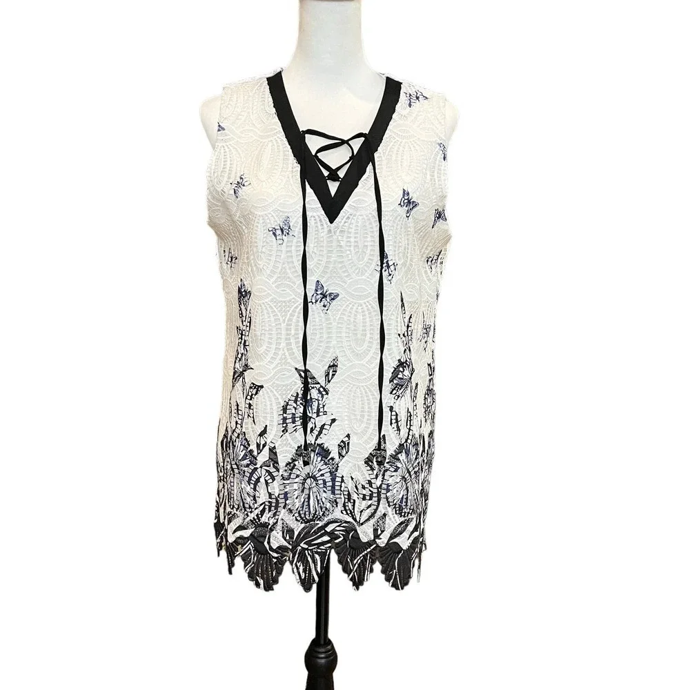 Kamana Butterfly Lace Sleeveless Tunic Blouse Lace Up Neck White Black Size M